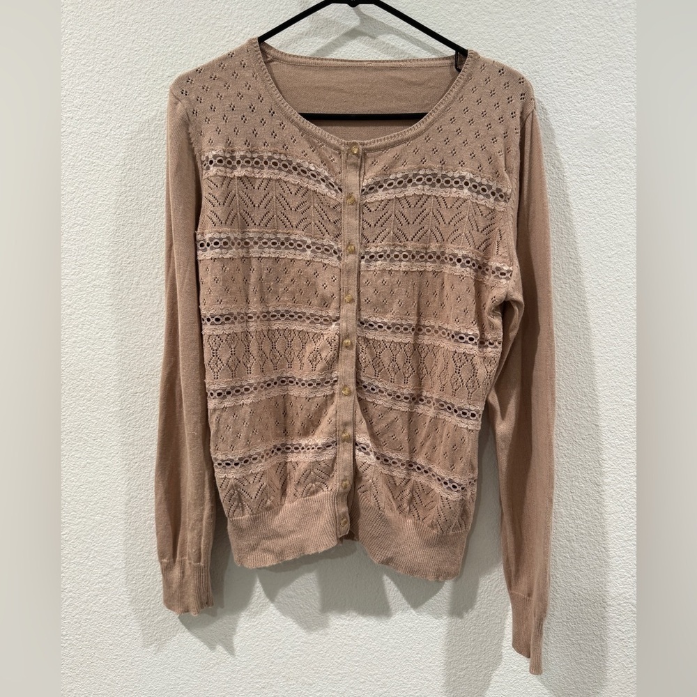 Silk Blend Dusty Rose Pink Lace Striped Button Front Cardigan Sweater Size M